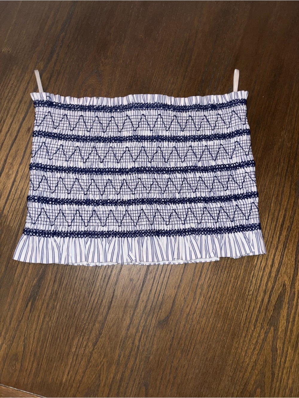 Christian Lacroix White and Navy Smocked Strapless Crop Top